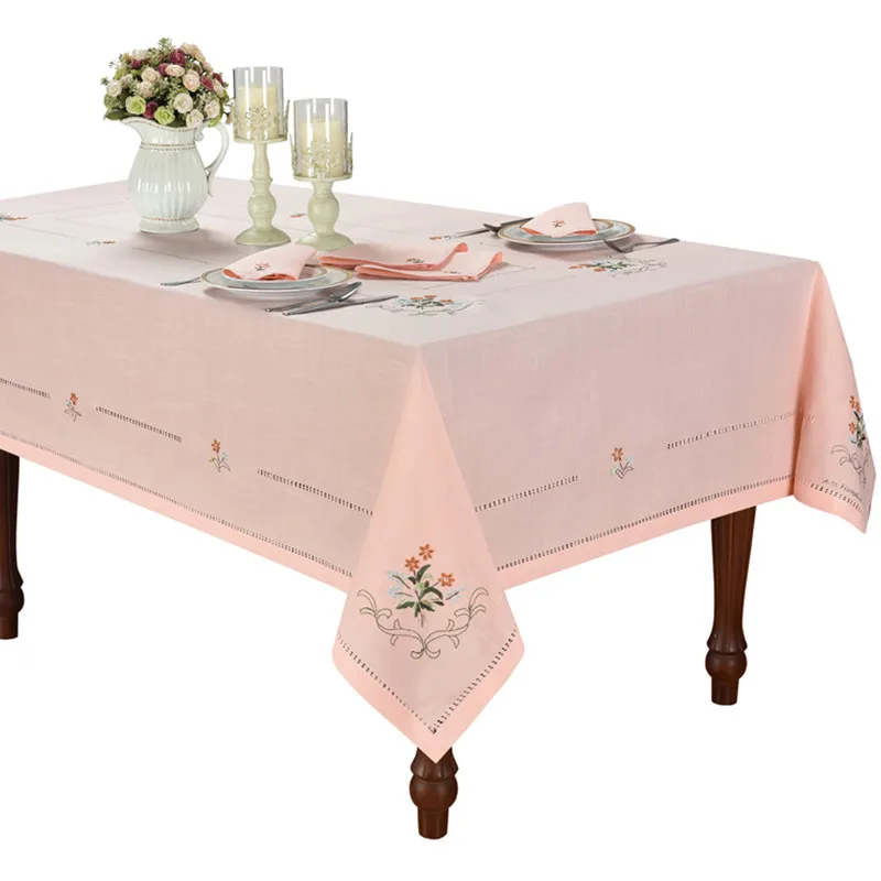 [Camellia Casa]Fabulous Light Coral Tablecloth, Hemstitched & Embroidered 100% by Hand, set with 8 Napkins,linen look, big size