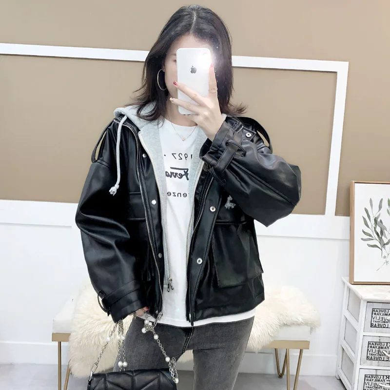 Ailegogo novo outono feminino com capuz solto preto plutônio falso jaqueta de couro streetwear moto motociclista zíper bolso casaco à prova de vento outwear