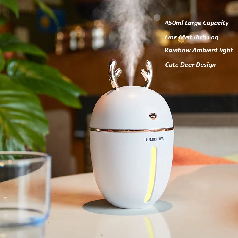 

450ML Cute Deer Air Humidifier USB Aroma Essential Oil Diffuser For Home Office Aromatherapy Humidificador with Night Light Lamp