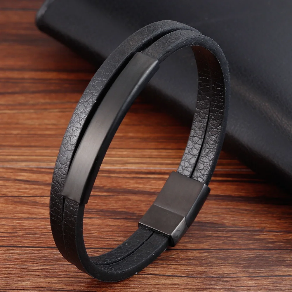 New Fashion Simple Leather Braid Bracelet Stainless Steel Buckle Clasps For Men Handmade Bangle Wholesale Charm Jewelry Gift