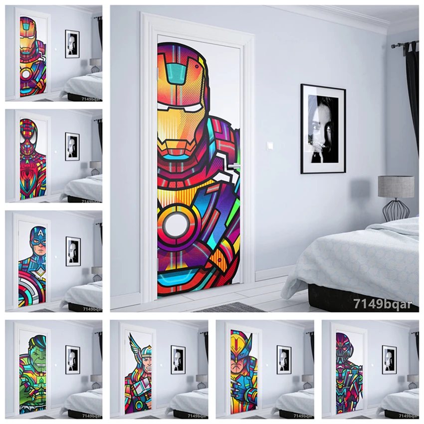 Doors Decoration HD Marvel The Avengers Self-adhesive Waterproof Door Sticker Posters abstract Wall Stickers Kids Room Decorate