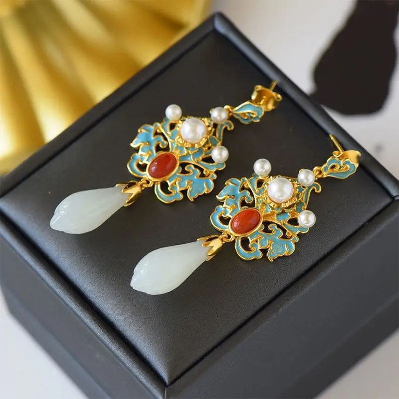Natural Hetian White Magnolia enamel porcelain Earrings Chinese Retro luxury elegant charm women's silver jewelry
