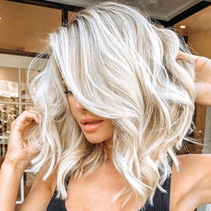 Grillige W Pruiken Synthetisch Haar Blonde Mix Kleur Golvend Haar Bob Vrouwen Midden Deel Cosplay Pruiken Hittebestendige Vezel Voor vrouwen