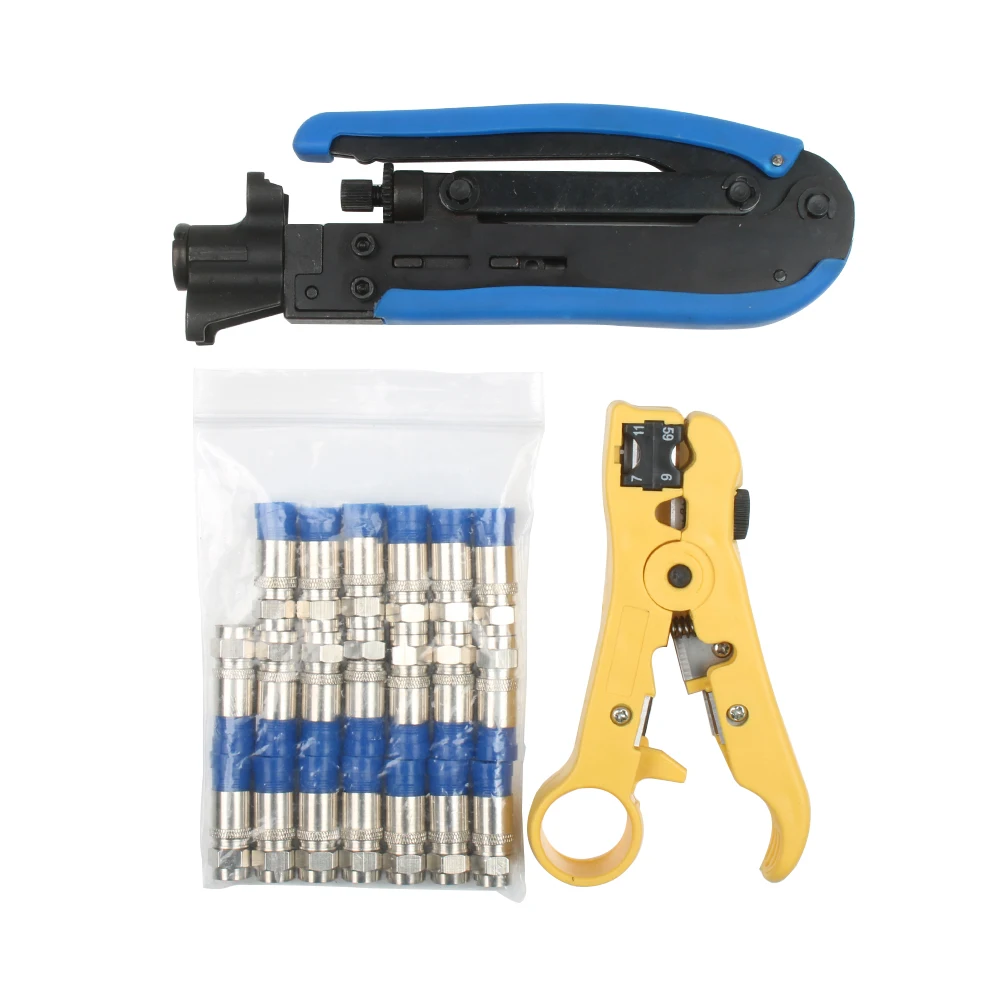 New Multitool Wire Stripping Squeezing Pliers Coaxial Cable Cold Press Clamp RG59 RG6 Cable TV Crimping Tool Set with 20 F Heads