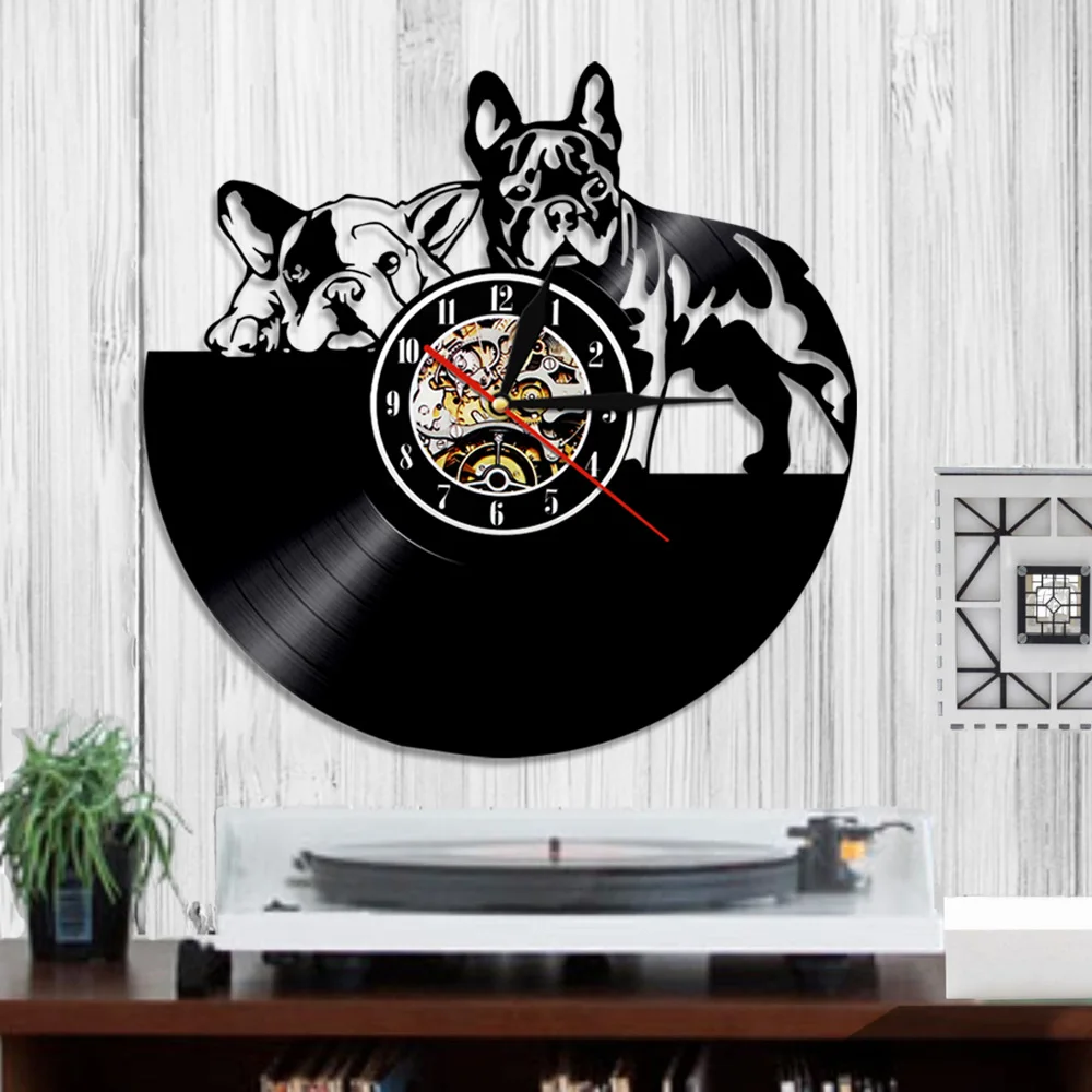 French Bulldog Dog Vinyl Record Wall Clock Animal Wall Clock Timepiece Watch Pet Dog Puppy Bulldog Lover Gift Living Room Decor