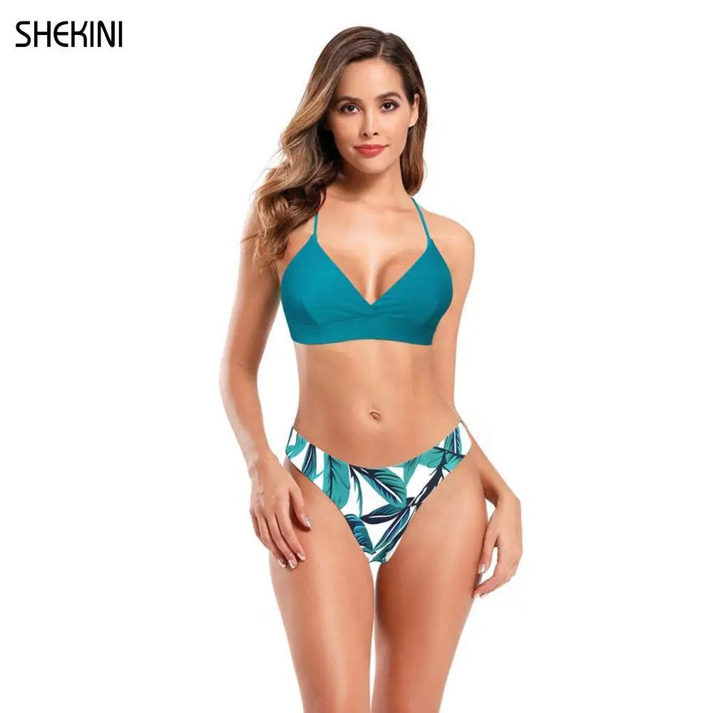 SHEKINI Women's Bathing Suits V Neck Lace Up Bikini Set Low Waist Floral Print Swim Bottoms Two Piece Swimsuits Beach Swimwear