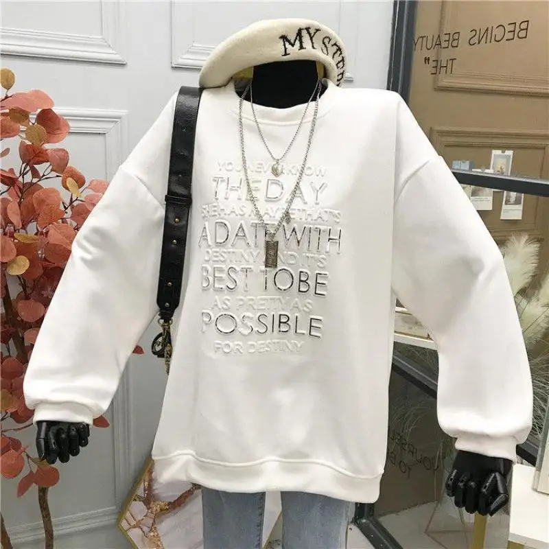 New Arrival Spring Autumn Women Hoody Embossing Letter Thin Style Cotton O-neck Lady Sweatshirt Loose Fashion Pullover Female