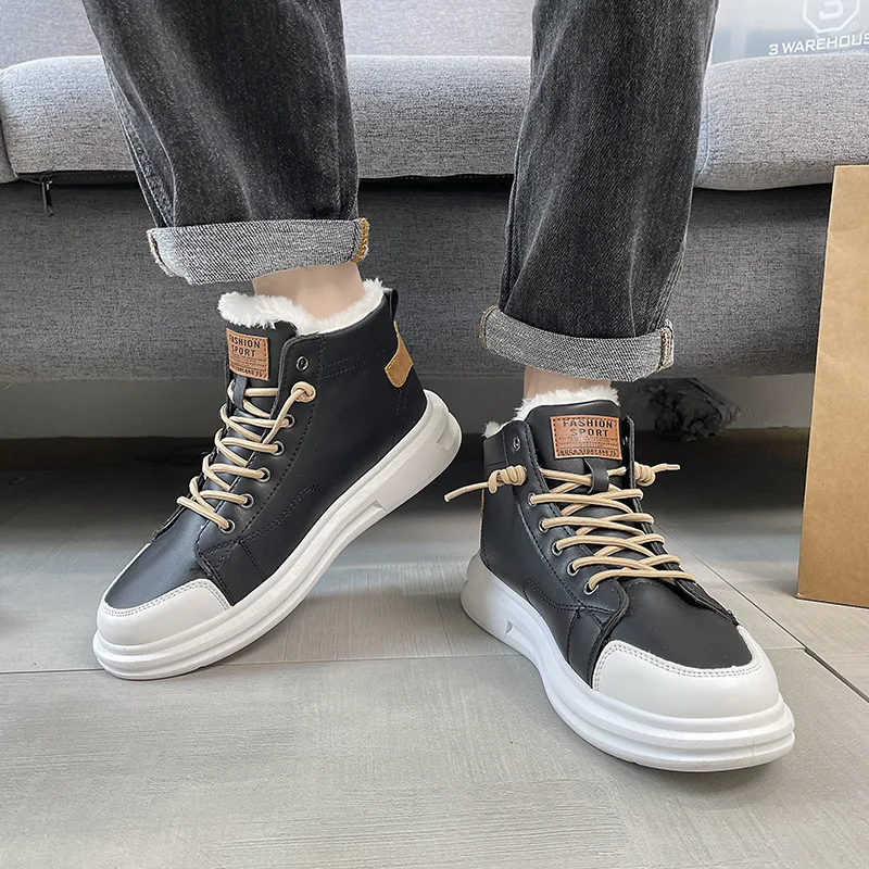 Men Shoes Autumn Winter 2021 New High Top Sneakers Men Leather Casual Shoes Plush Warm White Platform Boots Zapatos De Hombre