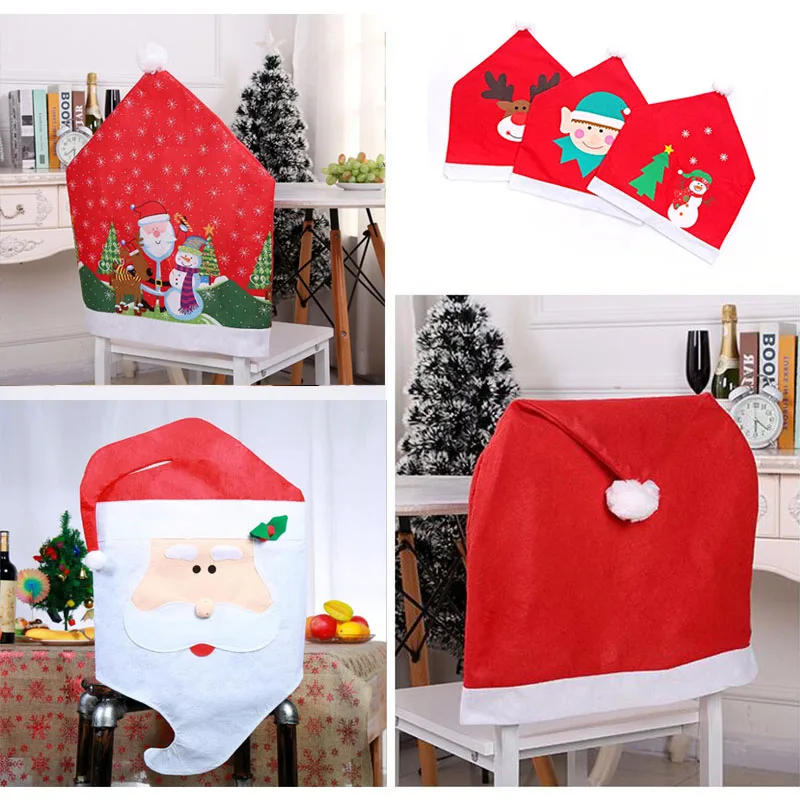 

1PC Christmas Santa Xman Chair Cover Tree Claus Cotton Non-woven Table Red Hat Chair Back Cover Christmas Home Decorations