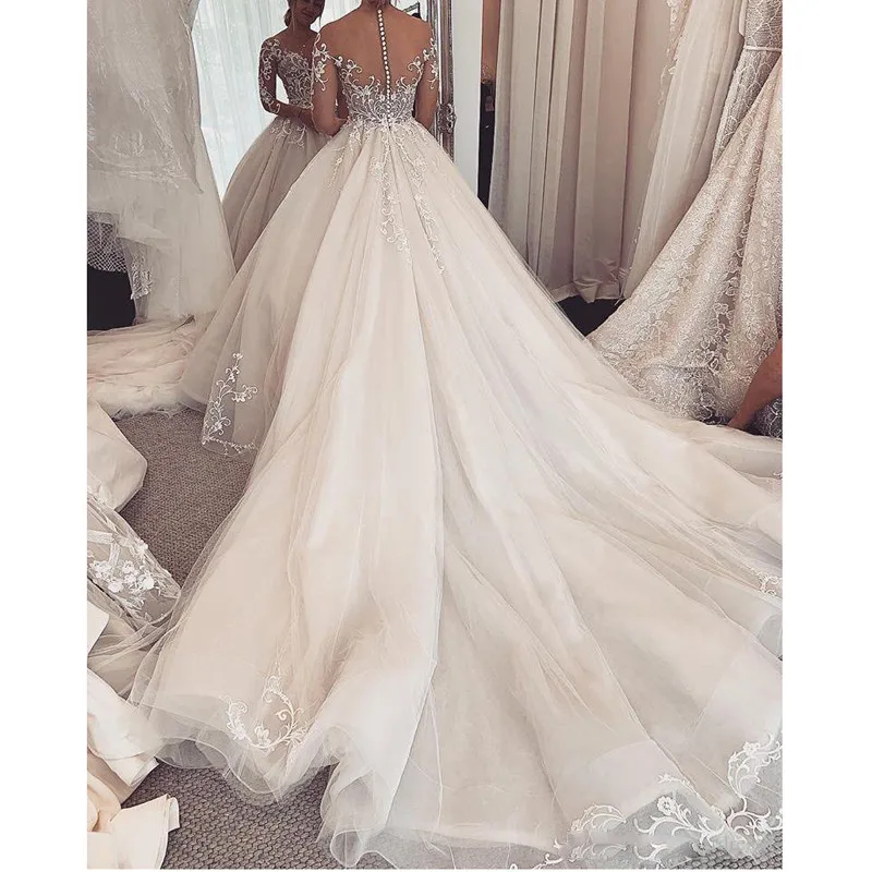 Vestido de novia de encaje personalizado 2025, bata de mariee, vestidos de novia transparentes de manga larga, vestidos de novia de corte a con ilusión personalizada