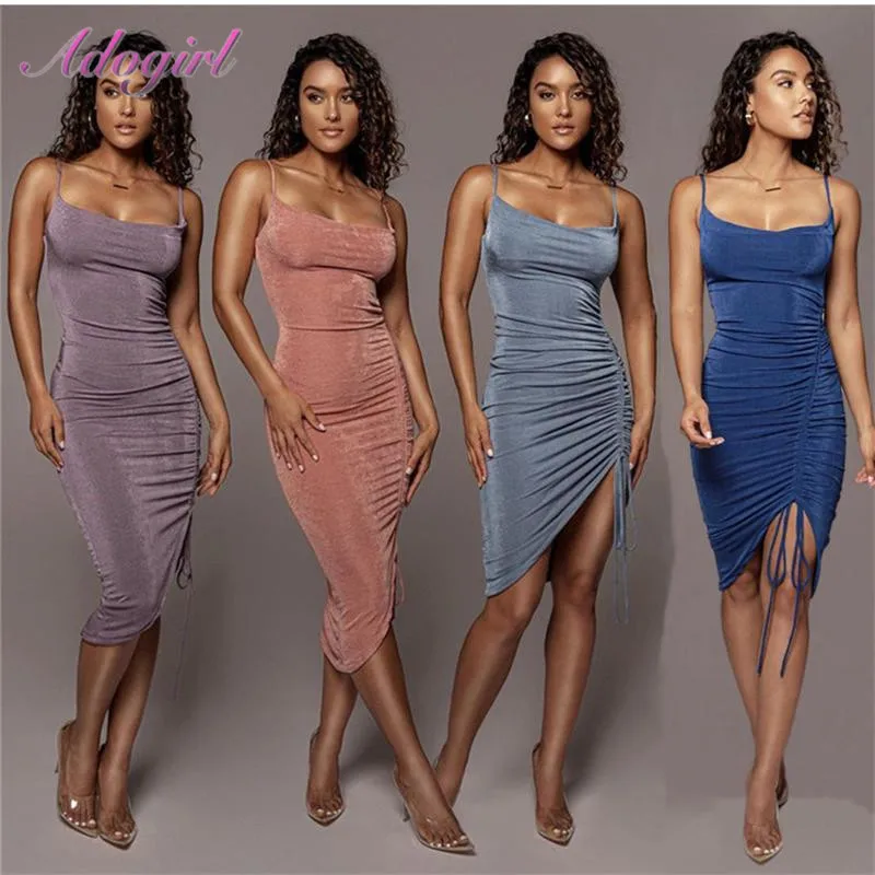 

Elegant Solid Spaghetti Strapless V Neck Bodycon Pleated Midi Dress Women Sexy Backless Bandage Party Club Outfit Summer Dresses