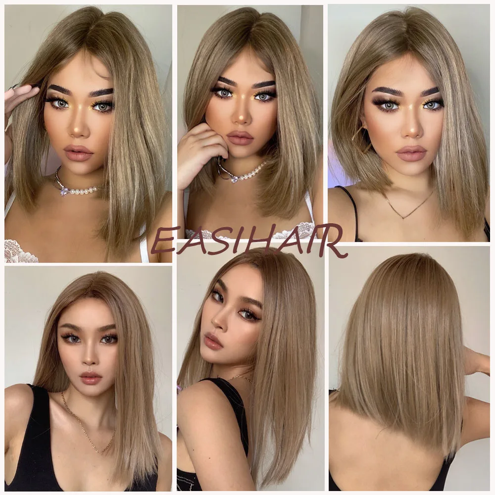 EASIHAIR-peluca sintética de corte medio para mujer, cabellera con malla frontal recta, color rubio dorado, parte media, alta densidad, resistente
