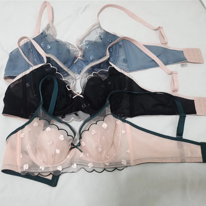 Three-dimensional embroidery underwear women's bra crystal cup big breasts lingerie panty soft steel ring sexy bra set
