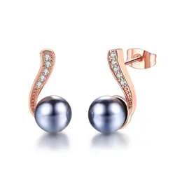 Double Fair Black Imitation Pearl Beads Stud Earrings Rose Gold Color CZ Stone Jewelry Crystal Jewelry For Women Brinco DFE711