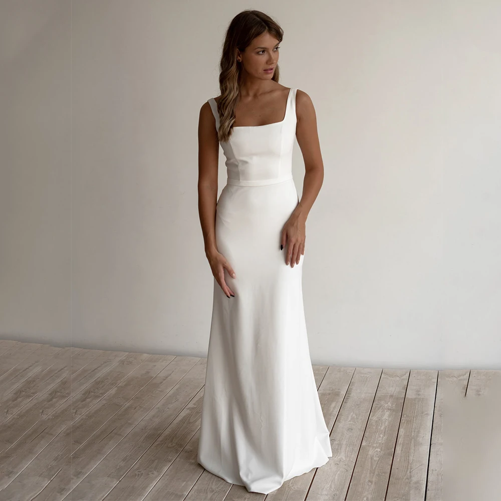 Customized Spaghetti Strap Square Collar Wedding Dresses for Guest Sleeveless Sheath Floor-Length White with Jersey Bridal Gowns