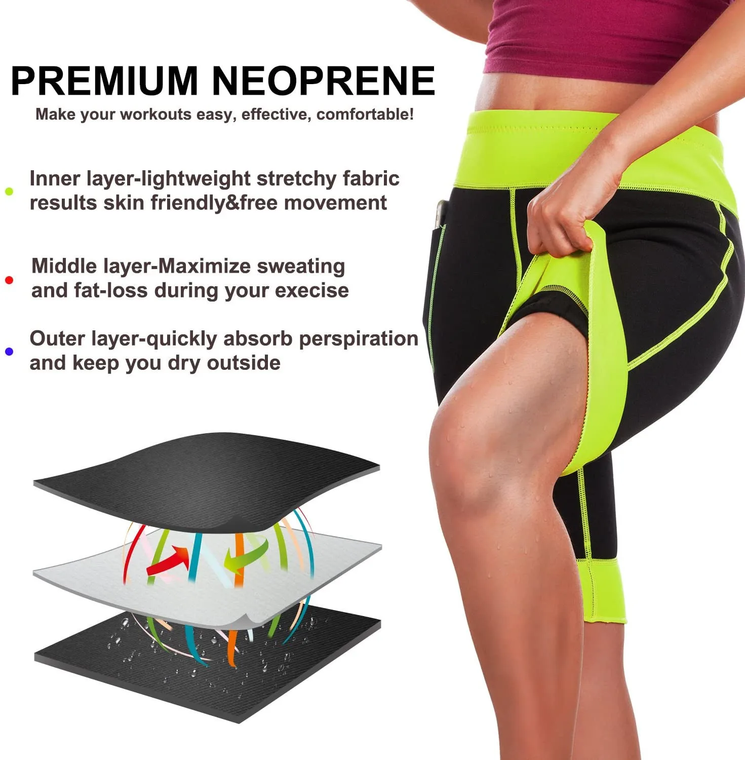 Neoprene Capris Sports Trousers Fitness Pants Tight Running Shorts Cropped Bodybuilding Sweat Yoga Pants with Side pocket