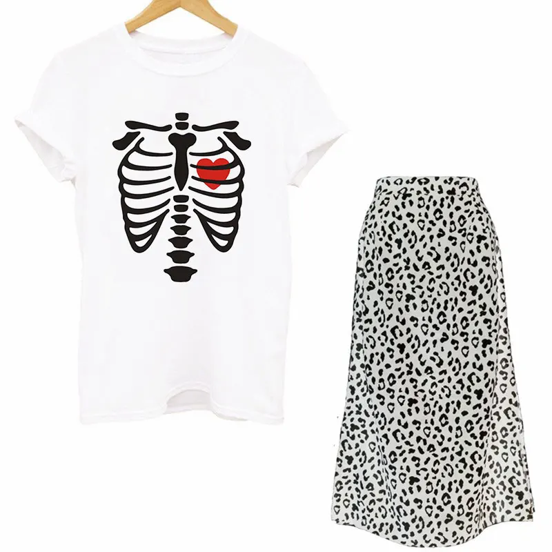 Women Two Pcs Set Gothic Harajuku Retro Skull Print T Shirts Skirt Set 2021 Summer Sexy Leopard Skirt Outfit Female Y2k Elegant