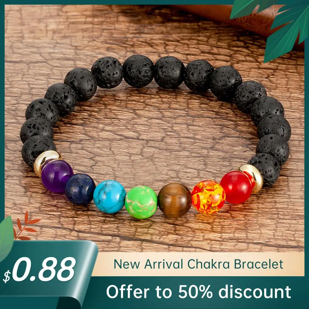 Charm 7 Chakra Bracelet Men Natural Round Lava Stone Beaded Bracelet For Women 2020 Fashion Yoga Bangles Jewelry Wholesale