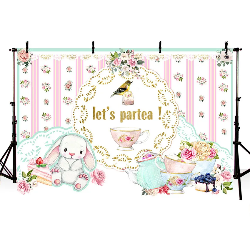 Avezano Photography Backgrounds Lets Partea Party Banner Rabbit Tea Set Flowers Backdrops Photo Studio Photocall Photozone Decor