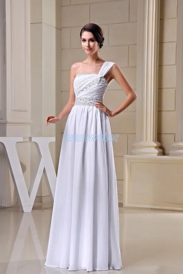 

free shipping modest 2013 design hot sale crystal beading one shoulder custom size plus size gown long white Bridesmaid Dress