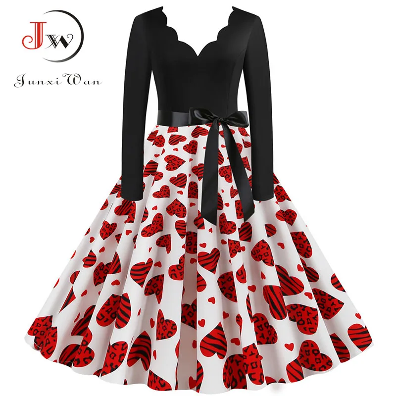 Black Big Swing Print Vintage Christmas Dress Women Winter Casual Long Sleeve V Neck Sexy New Year Party Dress S~3XL