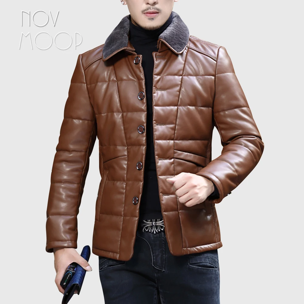 Novmoop men's PU down coat high quality pattern sewing neat cutting for winter wool collar LT3376