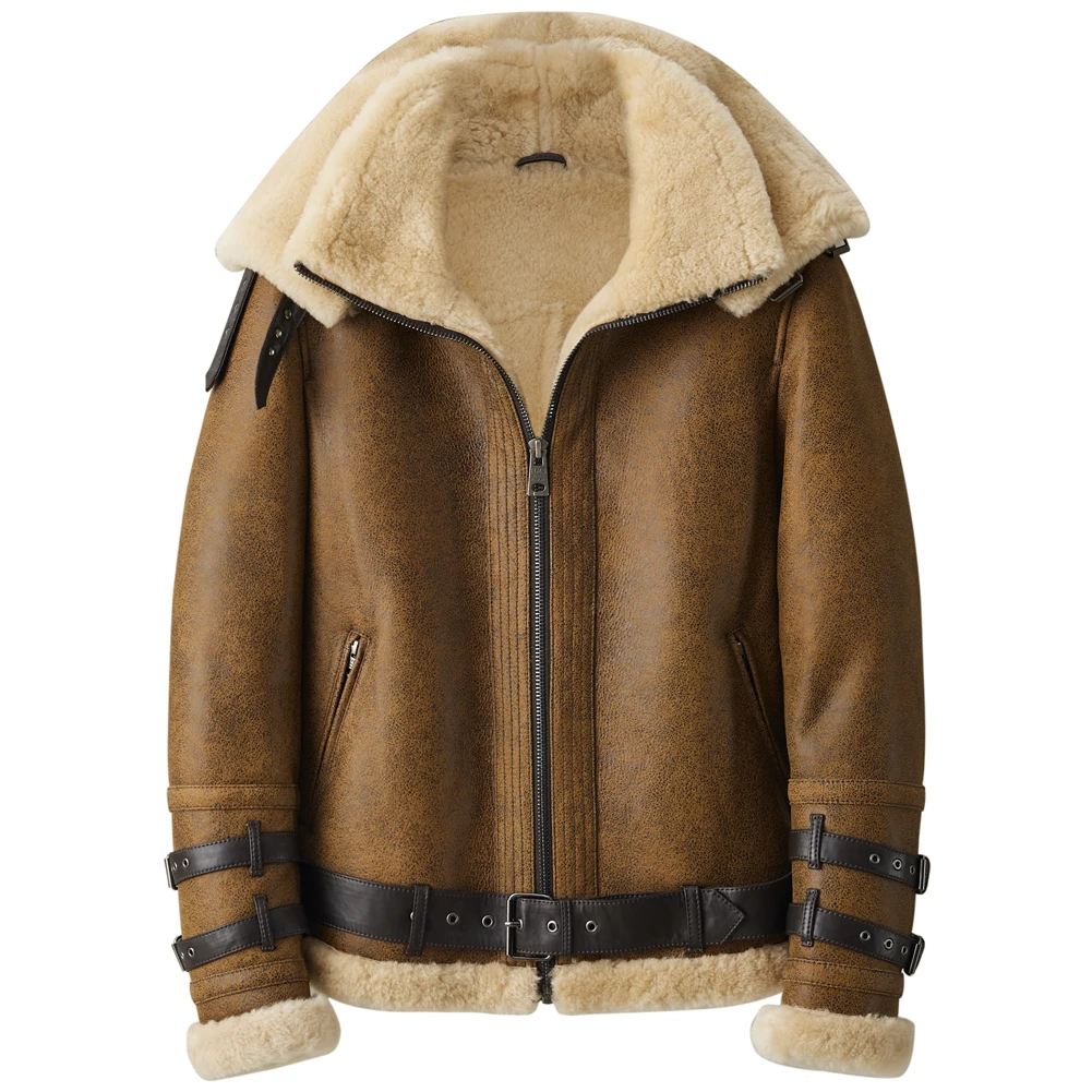 Denny&Dora Men's Vintage Brown Shearling Bomber Jacket Short Leather Winter Coat Classic B3 Style Outerwear
