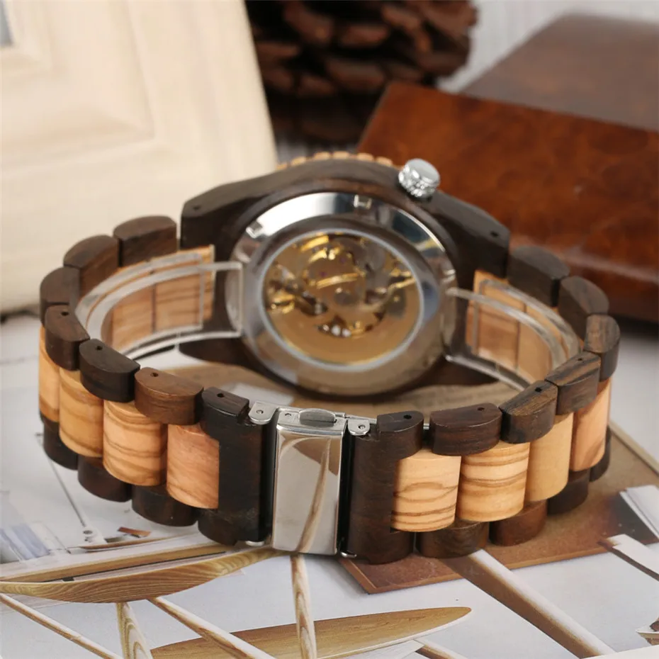 Luxury Men\'s Watch Automatic Mechanical Wooden Watch Roman Numerals Display Wood Bangle Wristwatch Creative Male Timepiece reloj