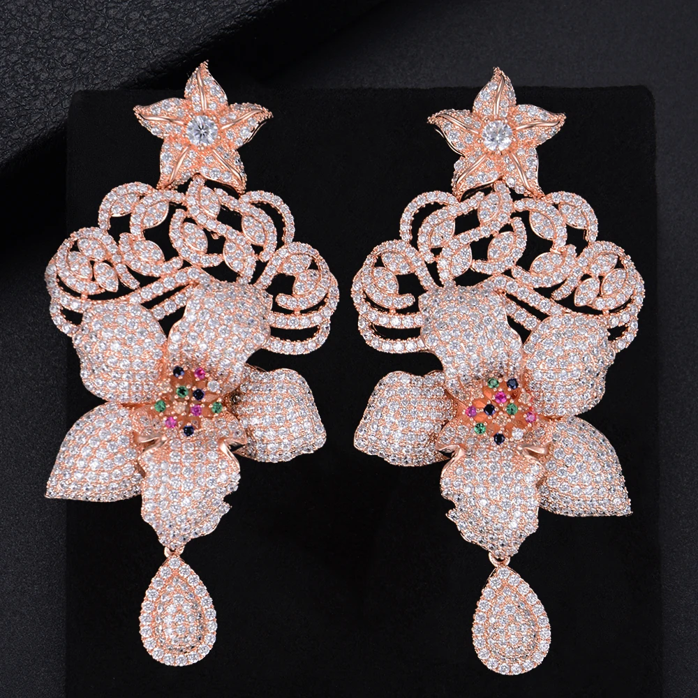 80MM Vivid Flower Pierced Big Flower Shape Drop Full Cubic Zirconia Dangle Earings Women Wedding Bridal Jewelry moda 2021