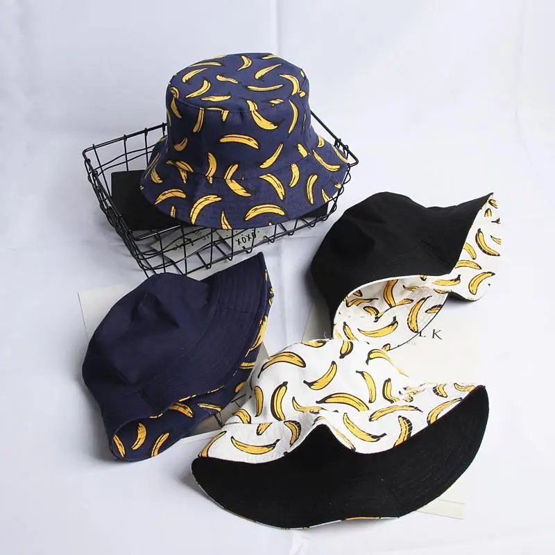 2021 Four Seasons Cotton Banana Fruit Print Bucket Hat Fisherman Hat Outdoor Travel Hat Sun Cap for Men and Women 269