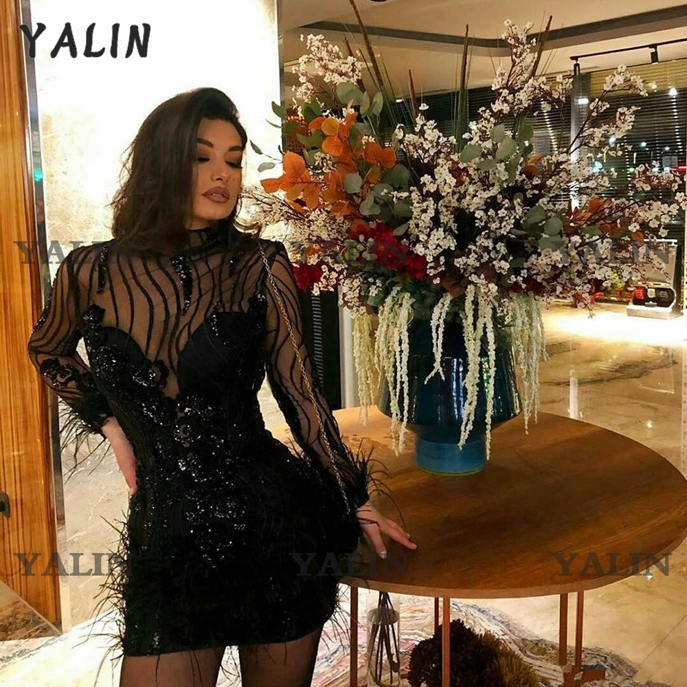 Yalin preto manga longa vestidos de cocktail alta pescoço bainha rendas lantejoulas curto vestido de festa de penas baile de formatura formal vestido de ocasião