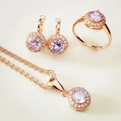 New Round Jewelry Sets 585 Gold Color Fashion Jewelry Purple Trendy Necklace + Earring +Ring Jewelry Sets for Women