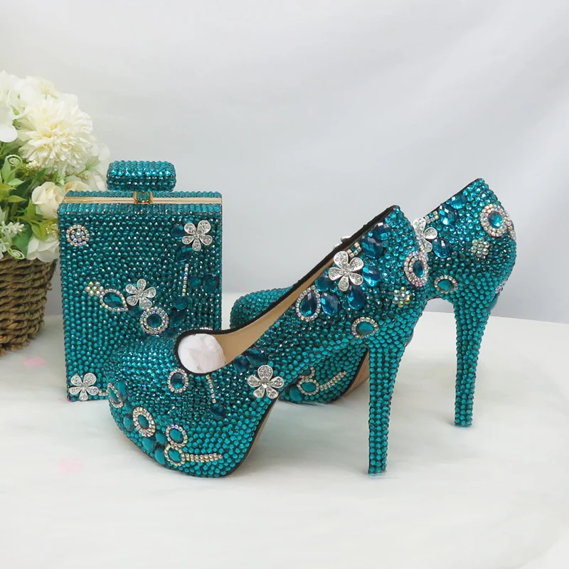 

Teal Blue crystal Wedding shoes with matching bags Bride Ladies high platform shoes and bags woman Fashion Party shoes Round Toe