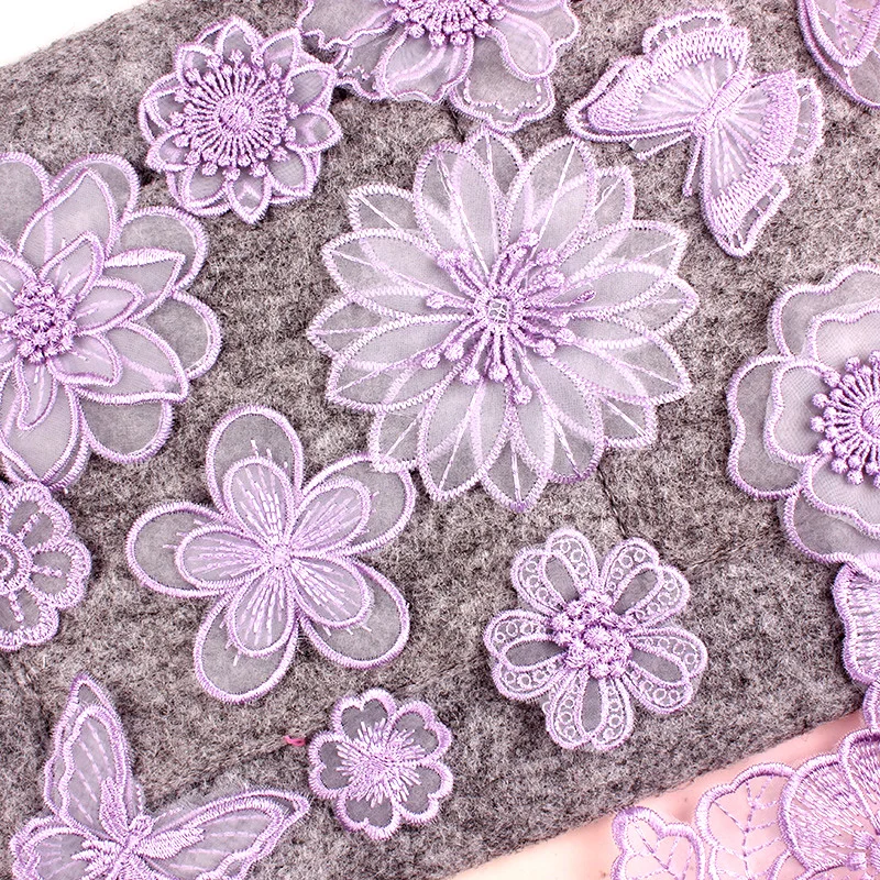 Thermo Adhesive Purple Lace Flower Butterfly Embroidery Patches for Clohting Dress Sew Iron on Clohtes Appliques Stripes Sticker