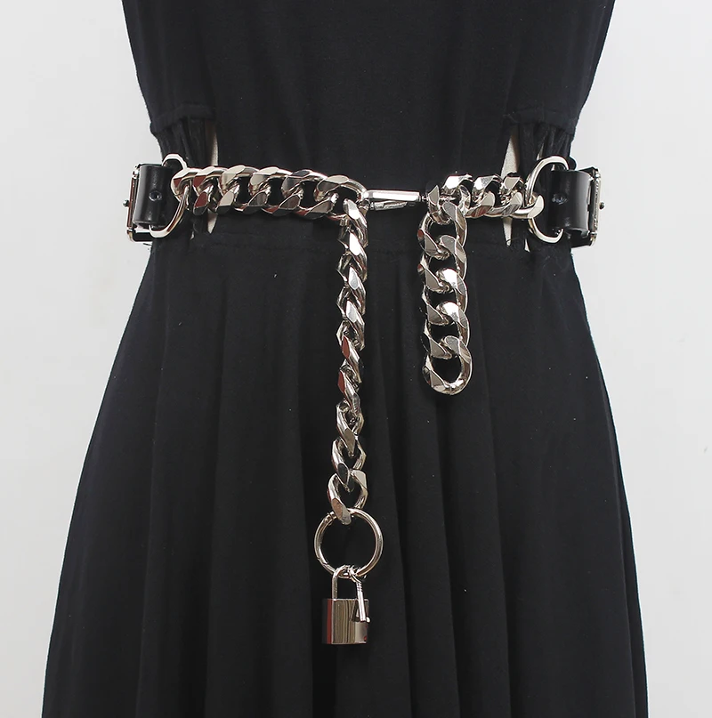 

Women's Runway Fashion Black Genuine Leather Chain Cummerbunds Female Dress Corsets Waistband Belts Decoration Wide Belt R997