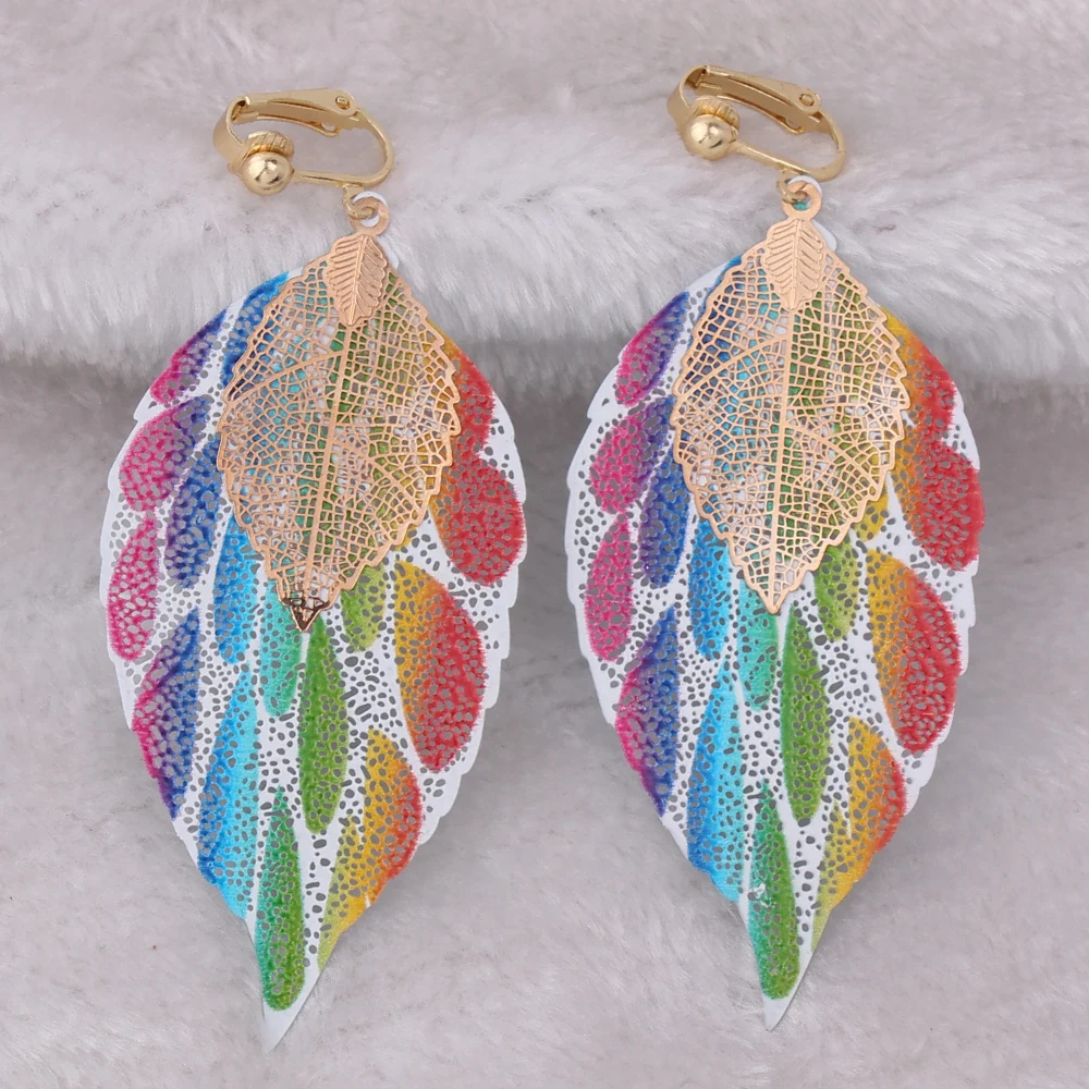 GRACE JUN High-grade Colorful Copper Material Double Leaf Clip on Earrings for Women  Xmas Earrings 11/11christmas Earrings New