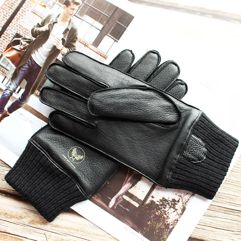 Motorcycle Riding Touch Screen Deerskin Gloves Men\'s Wool Lining Threaded Sleeves Winter Warm Car Driving Leather Finger Gloves