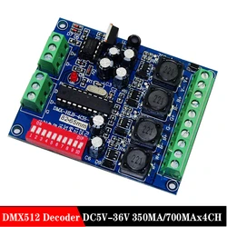 Decodificador DMX512 de 4 canales, DC5V-36V de corriente constante de 350MA/700MA x 4 canales, controlador DMX512 RGBW, atenuador de salida led individual de 4 grupos (6 pines)