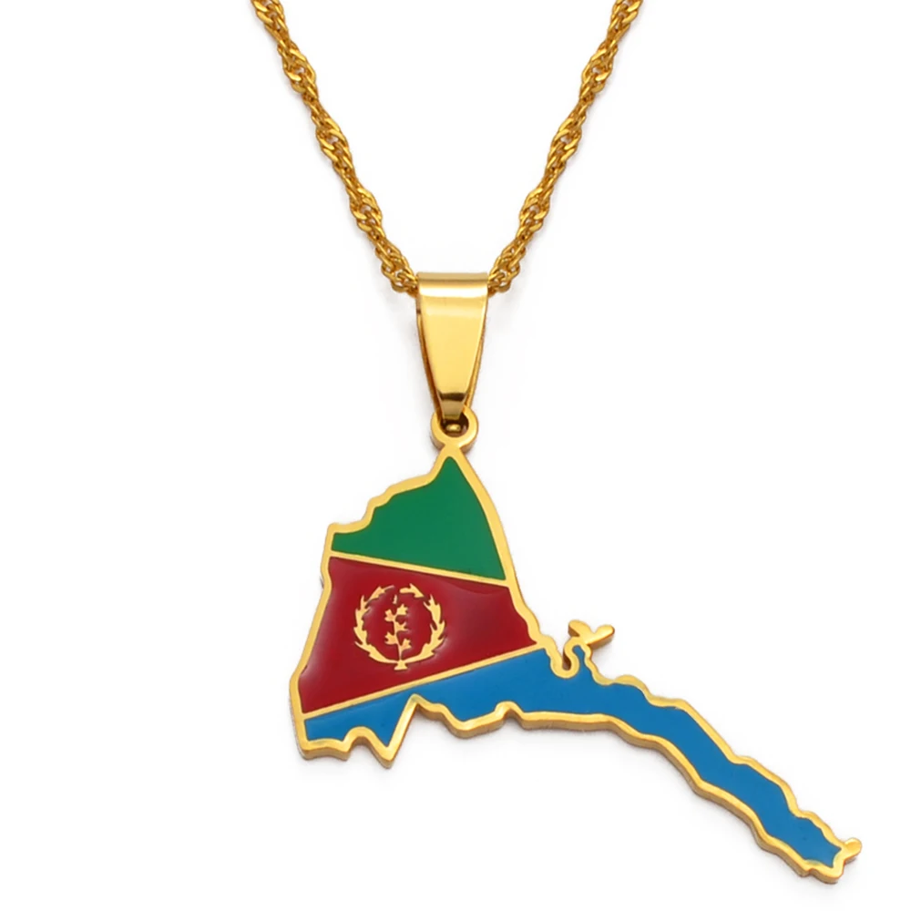 Anniyo Eritrea Map Flag Pendant Thin Necklaces for Women Girls Gold Color Jewelry African Map of Eritrean #136821