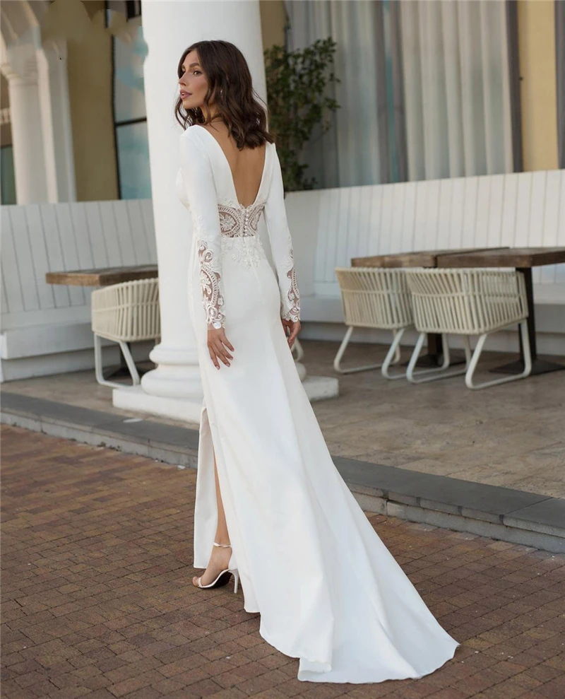 Boho Meerjungfrau Brautkleider Spitze Appliques V-ausschnitt Nahen Slit Lange Hülse Crepe Brautkleider فساتين السهرة платье Braut Kleid