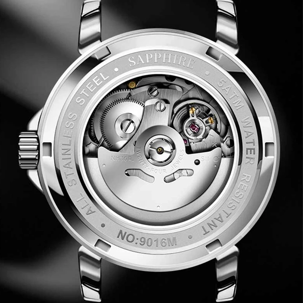 LOBINNI 간단한 스테인레스 스틸 남자 자동 기계식 시계 날짜 주 시계 사파이어 방수 50M 시계