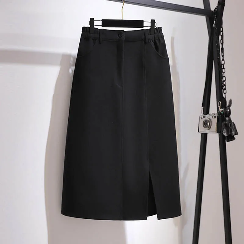 150Kg Plus Size Women's Spring Autumn Split Woolen One-Step Skirt 6XL 7XL 8XL 9XL 10XL A-Line Package Hip Skirt Black Gray