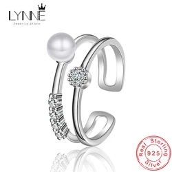 New Fashion 925 Sterling Silver Pearl Rings Elegant Cubic Zirconia Asymmetry Double Layers Resizable Ring For Women Jewelry Gift