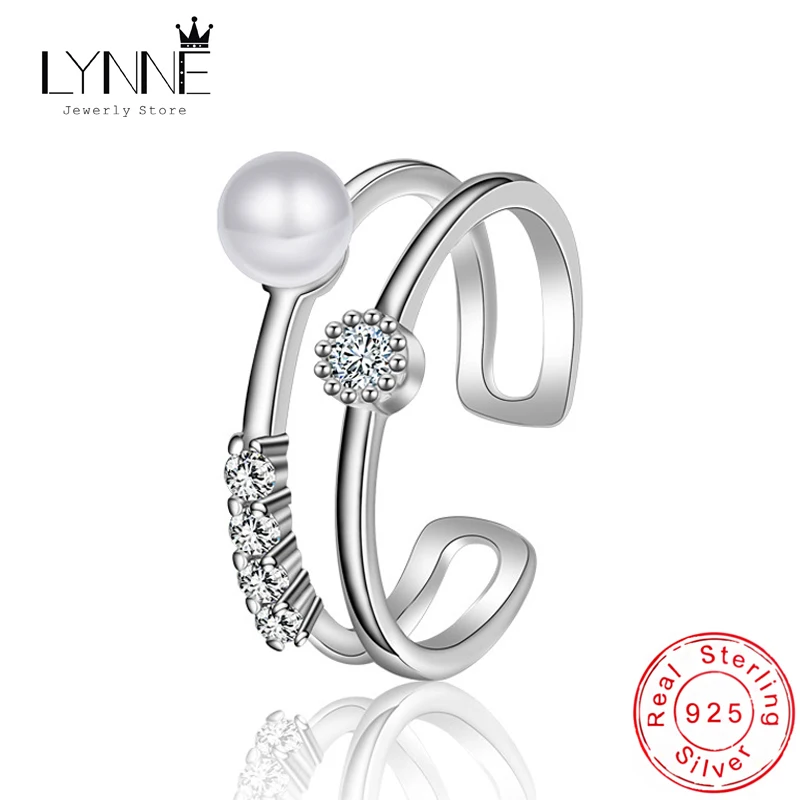 New Fashion 925 Sterling Silver Pearl Rings Elegant Cubic Zirconia Asymmetry Double Layers Resizable Ring For Women Jewelry Gift