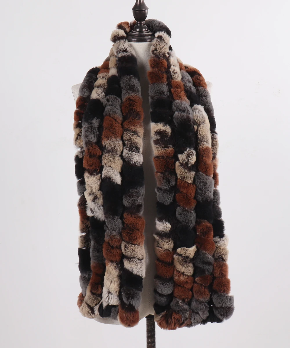Neue Marke Gestrickter Modischer Damen Echt Rex Kaninchenfell Schal Frauen Winter Warmer Natürlicher Pelzschal Langer Stil Echter Pelz Halswärmer – Detail 16
