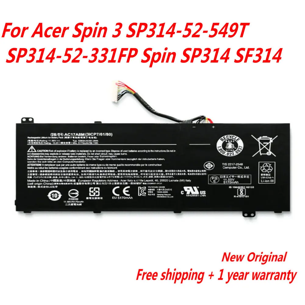 

Новый аккумулятор для ноутбука AC17A8M для Acer Spin 3 SP314-52-549T SP314-52-331FP Spin SP314 SF314 11,55 V 5360mAh WH