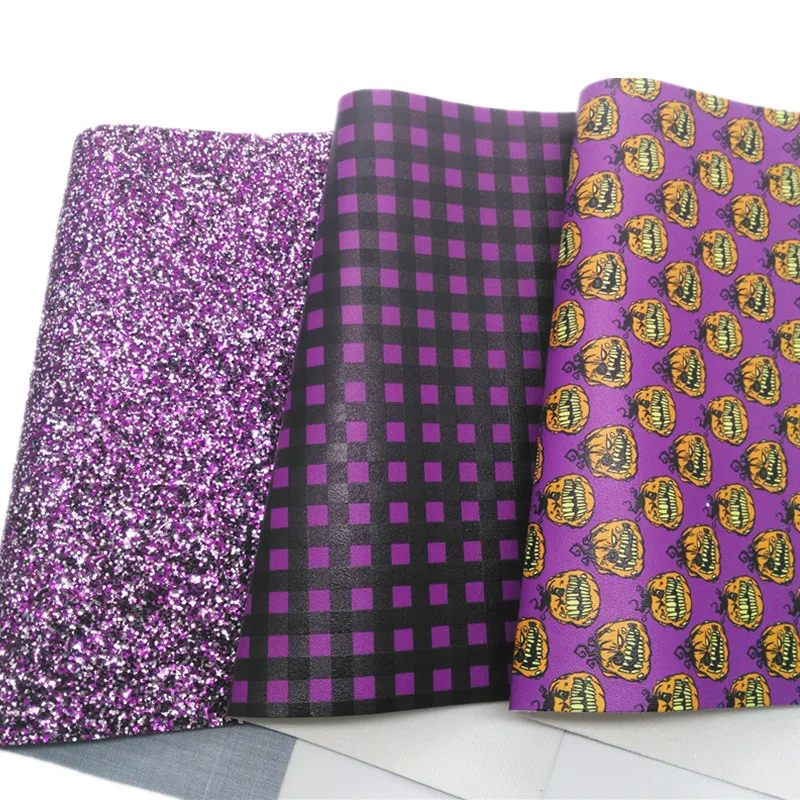 3PCS/SET Purple Glitter Vinyl Fabric Matching with Pumpkins Tartans Printed Faux Leather For Bows Earrings DIY 21X29CM Q196