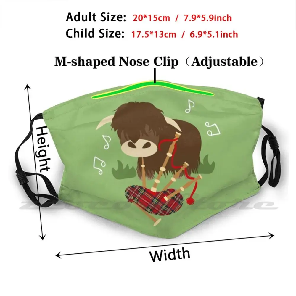 Highland Cattle Play Bagpipes-masque noir pour adulte et enfant, filtre Pm2.5 lavable, Logo créatif, drôle