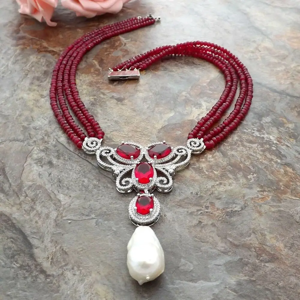 

4 Strands Red Jade Necklace White Keshi Pearl CZ Pave Pendant