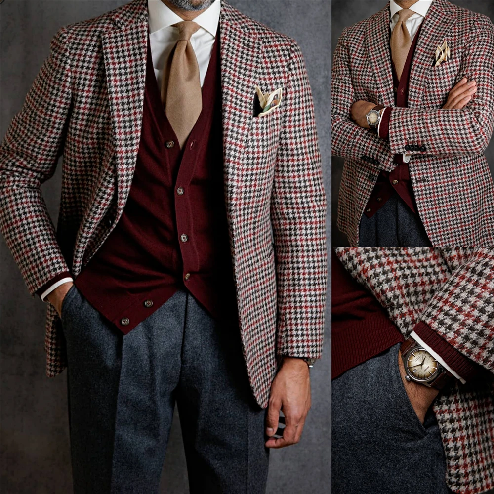 

Plaid Woolen Suit Jacket Smart Casual Singal Breasted Notched England Style Wram Winter Top Thick Man